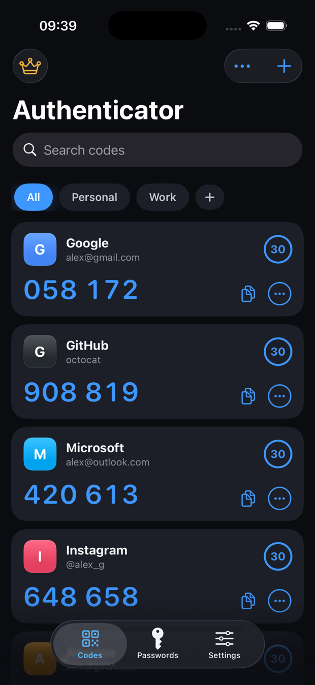 Moat showing live two-factor codes